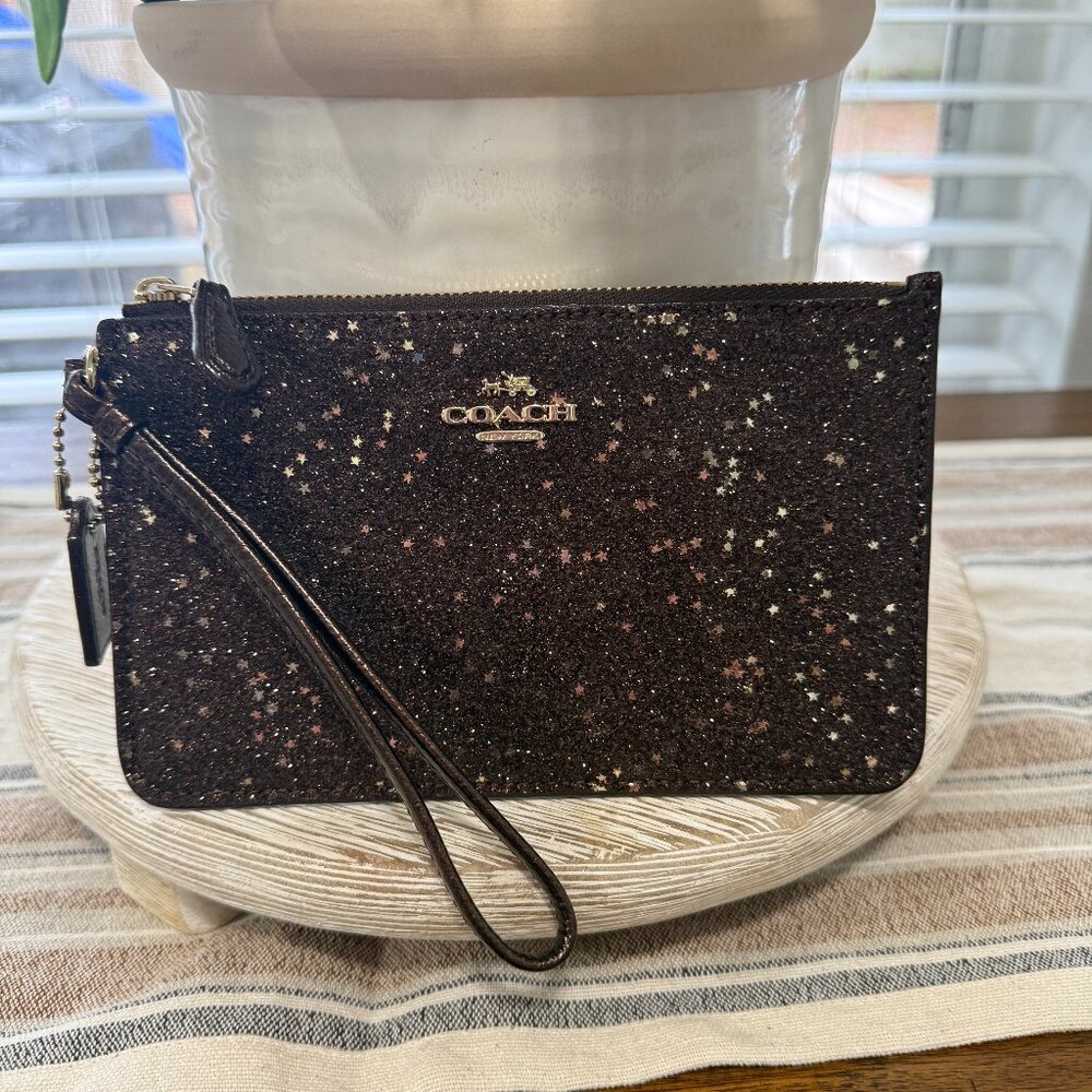COACH GLITTER STAR WRISTLET WALLET CLUTCH BROWN SPARKLE ACCESSORY PREPPY
